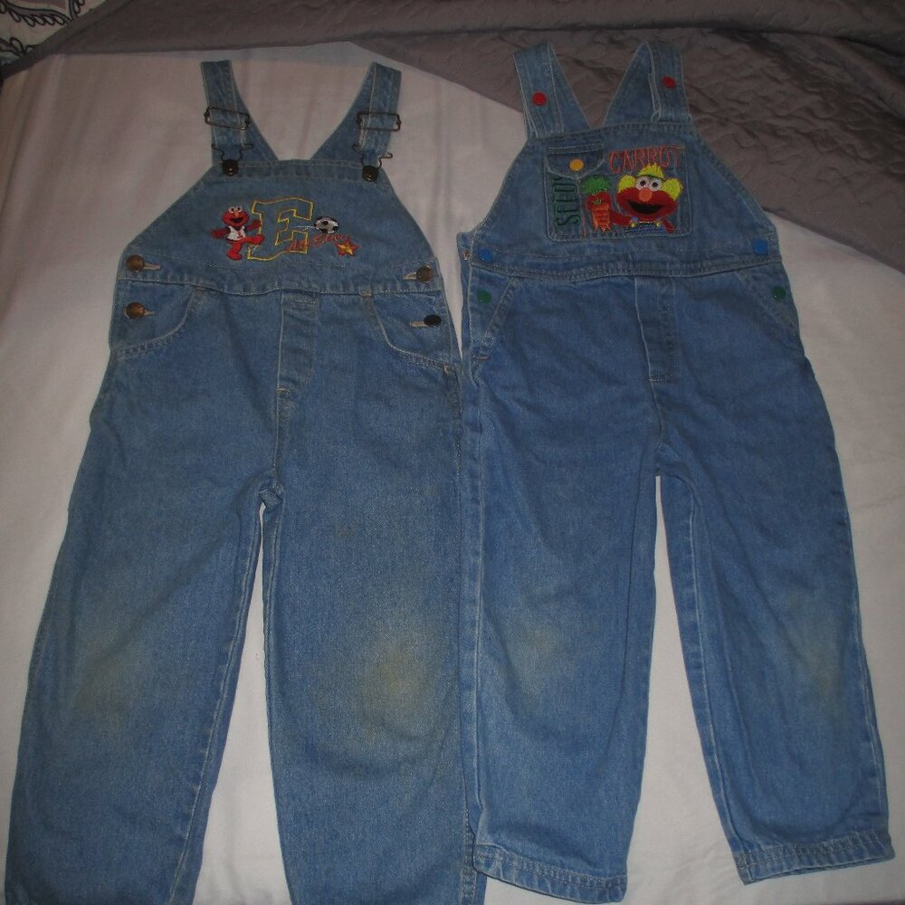 2 pair Y2K Sesame Street ELMO Denim Overalls Sz 4T - Picture 2 of 15